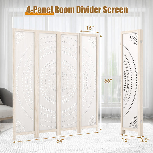 66 Inch Boho 4-Panel Room Divider Privacy Screen with Carved Pattern