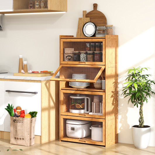 4-Tier Bamboo Bookcase with Doors for Study Room Living Room-Natural