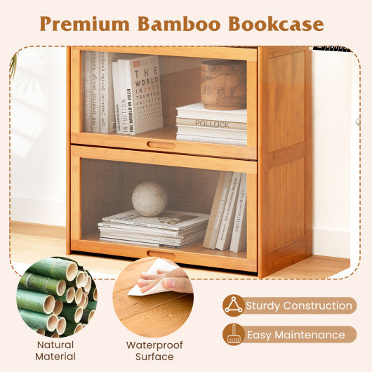 4-Tier Bamboo Bookcase with Doors for Study Room Living Room-Natural
