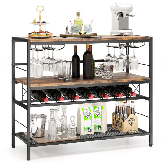 41 Inch 4-Tier Bar Table with Wine Rack and 4 Rows of Glass Holders-Rustic Brown