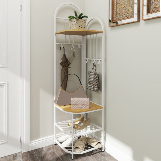 4-Tier Coat Rack Corner Hall Tree with Shoe Storage Bench-Natural