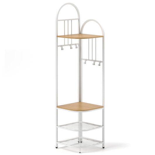 4-Tier Coat Rack Corner Hall Tree with Shoe Storage Bench-Natural