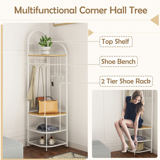4-Tier Coat Rack Corner Hall Tree with Shoe Storage Bench-Natural