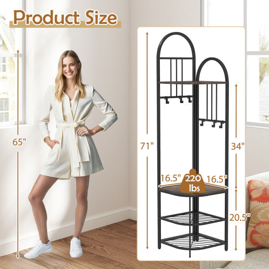 4-Tier Coat Rack Corner Hall Tree with Shoe Storage Bench-Rustic Brown