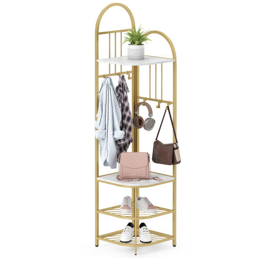 4-Tier Coat Rack Corner Hall Tree with Shoe Storage Bench-White