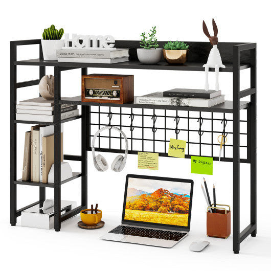 4-Tier Desk Shelf Desktop Display Rack with Metal Grid Panel and 6 Hooks-Black