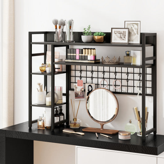 4-Tier Desk Shelf Desktop Display Rack with Metal Grid Panel and 6 Hooks-Black