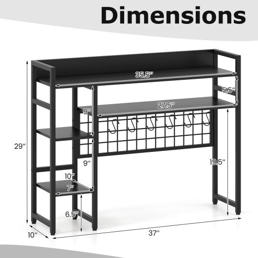 4-Tier Desk Shelf Desktop Display Rack with Metal Grid Panel and 6 Hooks-Black