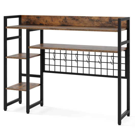 4-Tier Desk Shelf Desktop Display Rack with Metal Grid Panel and 6 Hooks-Rustic Brown