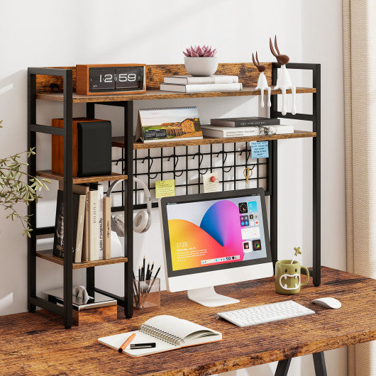 4-Tier Desk Shelf Desktop Display Rack with Metal Grid Panel and 6 Hooks-Black