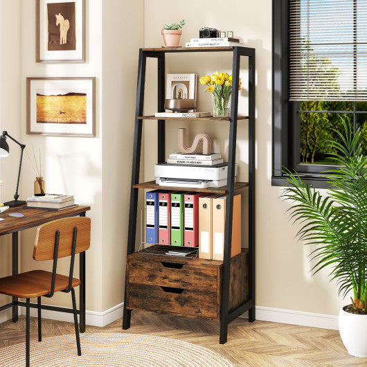 4-Tier Ladder Shelf with 2 Drawers 52.5 Inch Tall Freestanding Bookcase-Rustic Brown