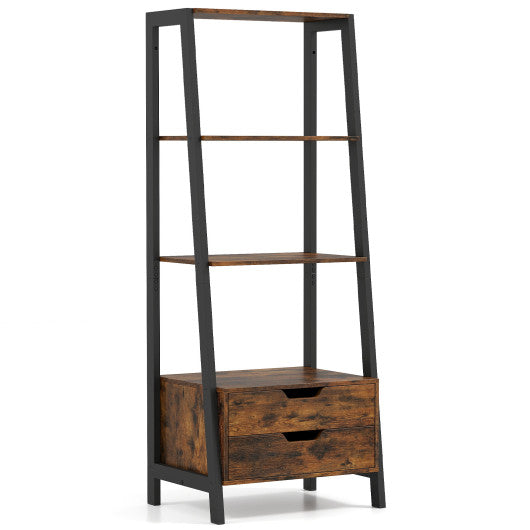 4-Tier Ladder Shelf with 2 Drawers 52.5 Inch Tall Freestanding Bookcase-Rustic Brown