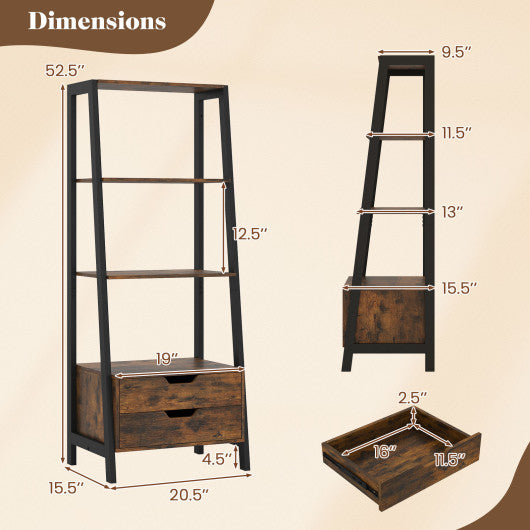 4-Tier Ladder Shelf with 2 Drawers 52.5 Inch Tall Freestanding Bookcase-Rustic Brown