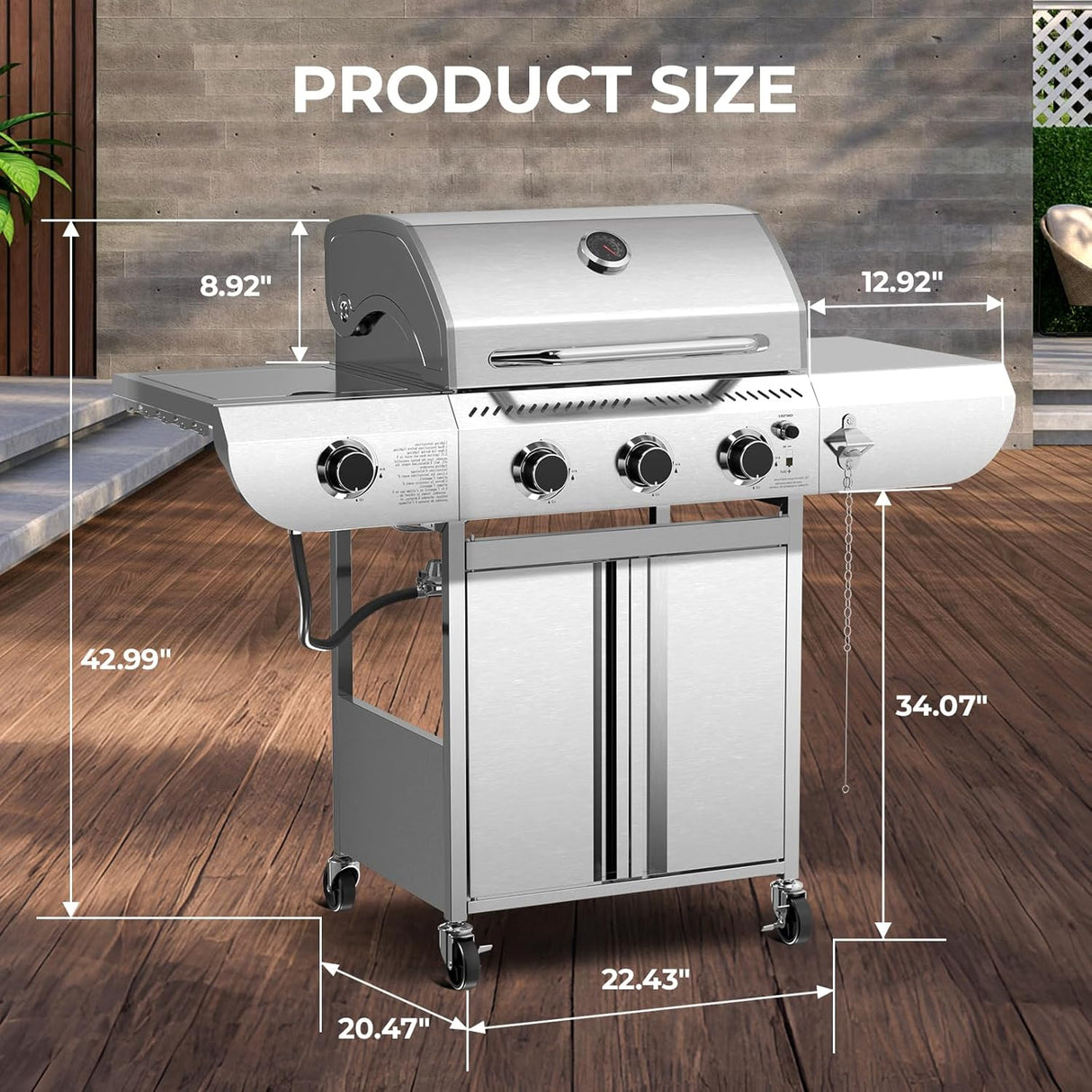 4-Burner BBQ Propane Gas Grill, 42,000 BTU Stainless Steel Barbecue Propane Grill with Side Burner G0141B
