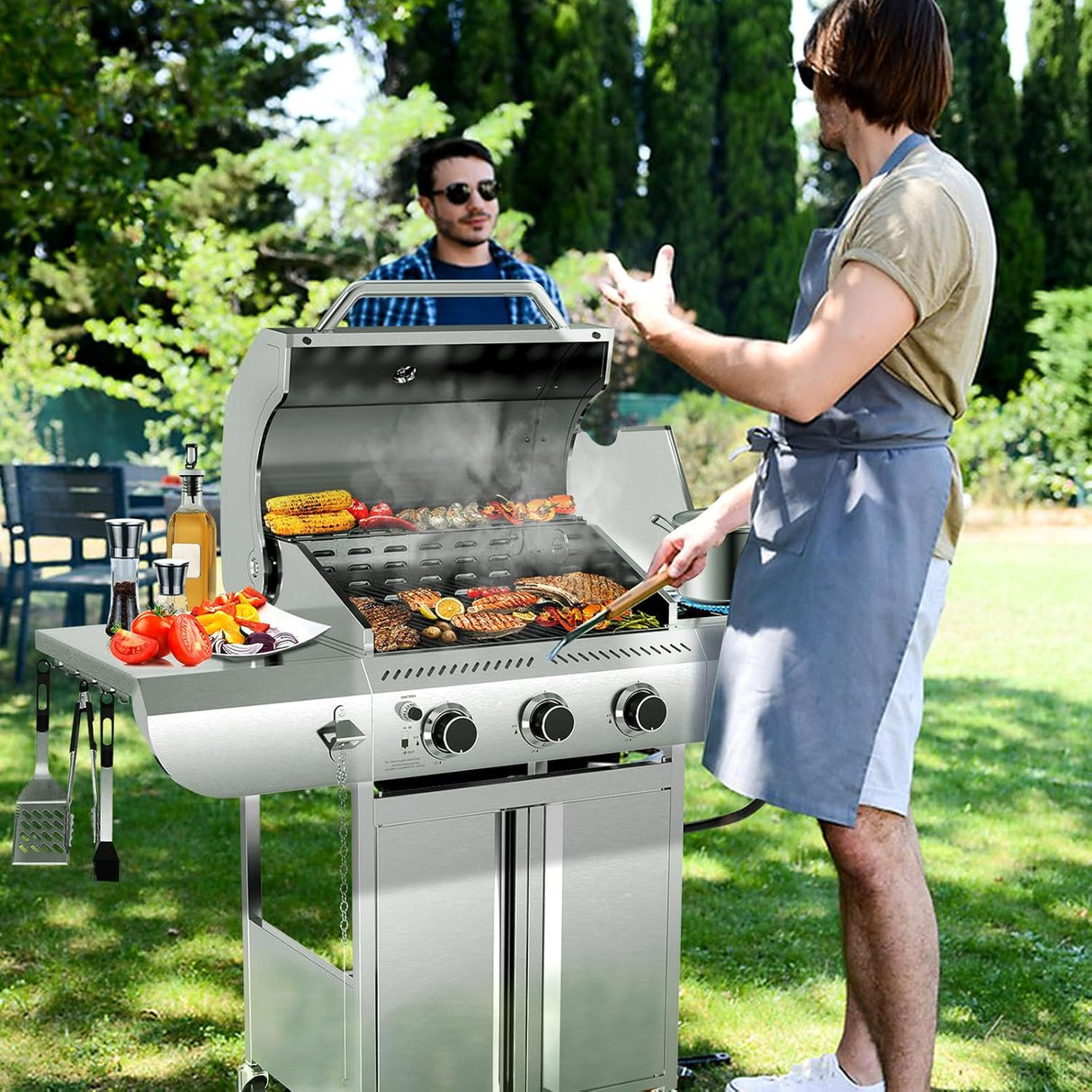 4-Burner BBQ Propane Gas Grill, 42,000 BTU Stainless Steel Barbecue Propane Grill with Side Burner G0141B