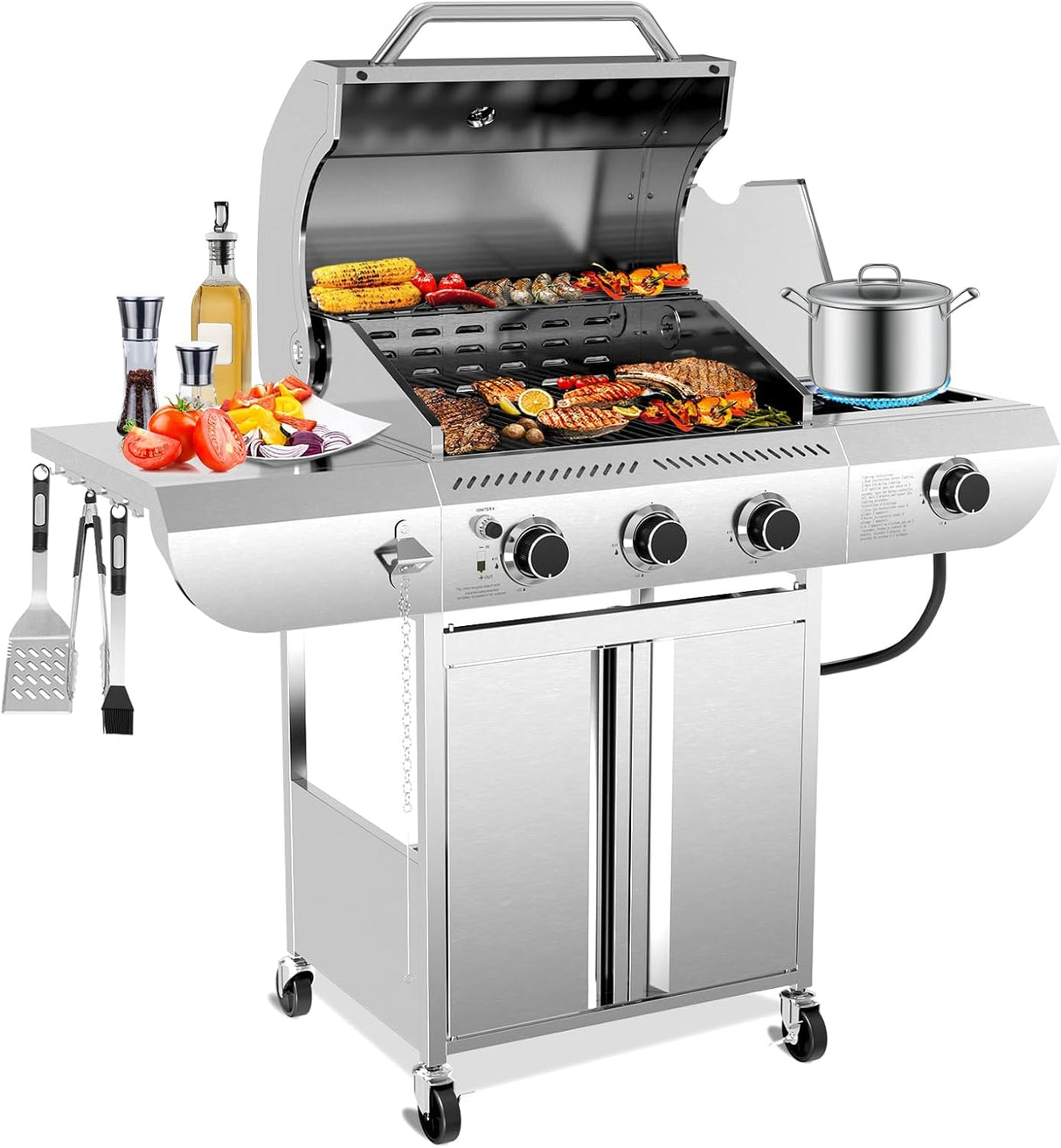 4-Burner BBQ Propane Gas Grill, 42,000 BTU Stainless Steel Barbecue Propane Grill with Side Burner G0141B