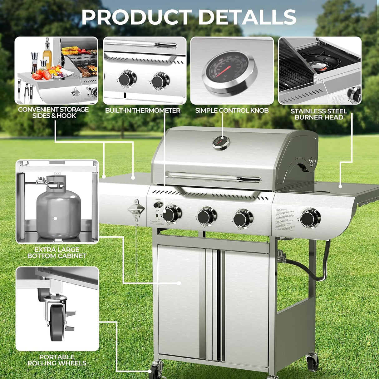 4-Burner BBQ Propane Gas Grill, 42,000 BTU Stainless Steel Barbecue Propane Grill with Side Burner G0141B