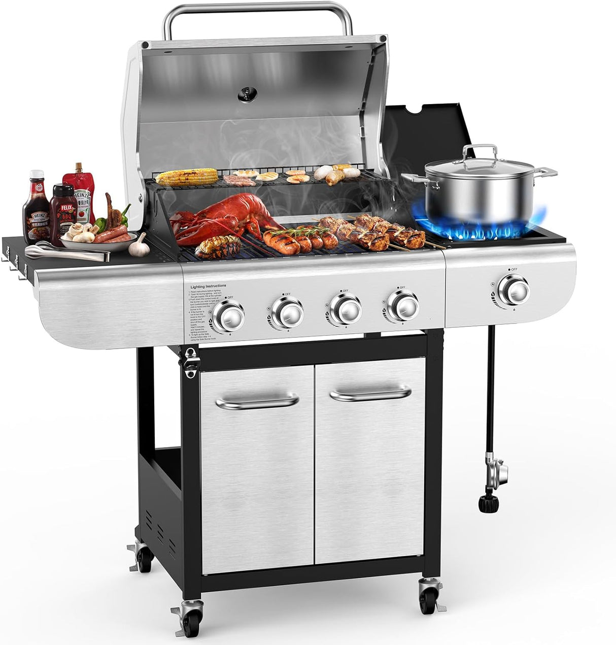 3 & 4-Burner Propane Gas Grills with Side Burners, for Outdoor Cooking, BBQ, Patio, Camping