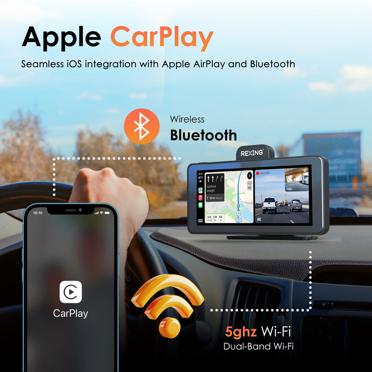 Rexing CP DUO 686 Wireless Apple CarPlay & Android Auto Display with 4K Dash Cam (Open Box)