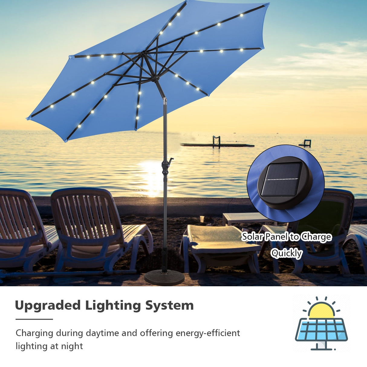 10 Feet Patio Solar Umbrella with Crank and LED Lights-Blue by DirectDeals