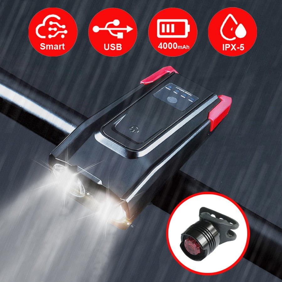 4000mAh Bicycle Front Light Set USB Rechargeable Smart Headlight With Horn 800 Lumen LED Bicycle Light Set USB Rechargeable Super Bright Bike Headlight
