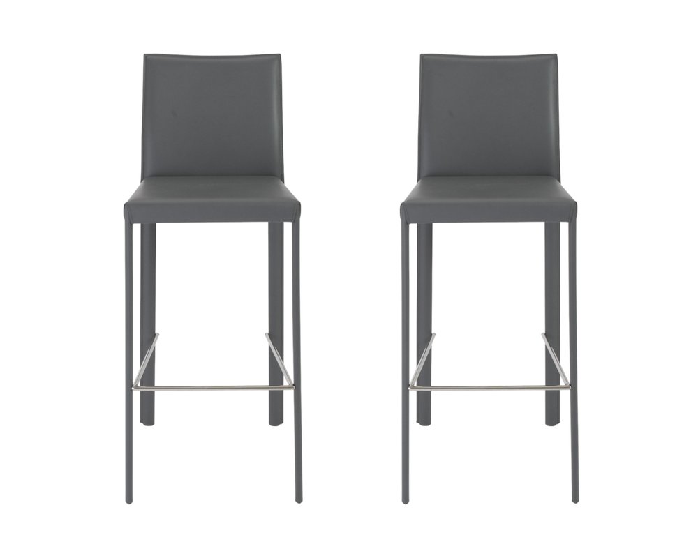 Set of Two 30" Gray Faux Leather and Steel Bar Height Bar Chairs