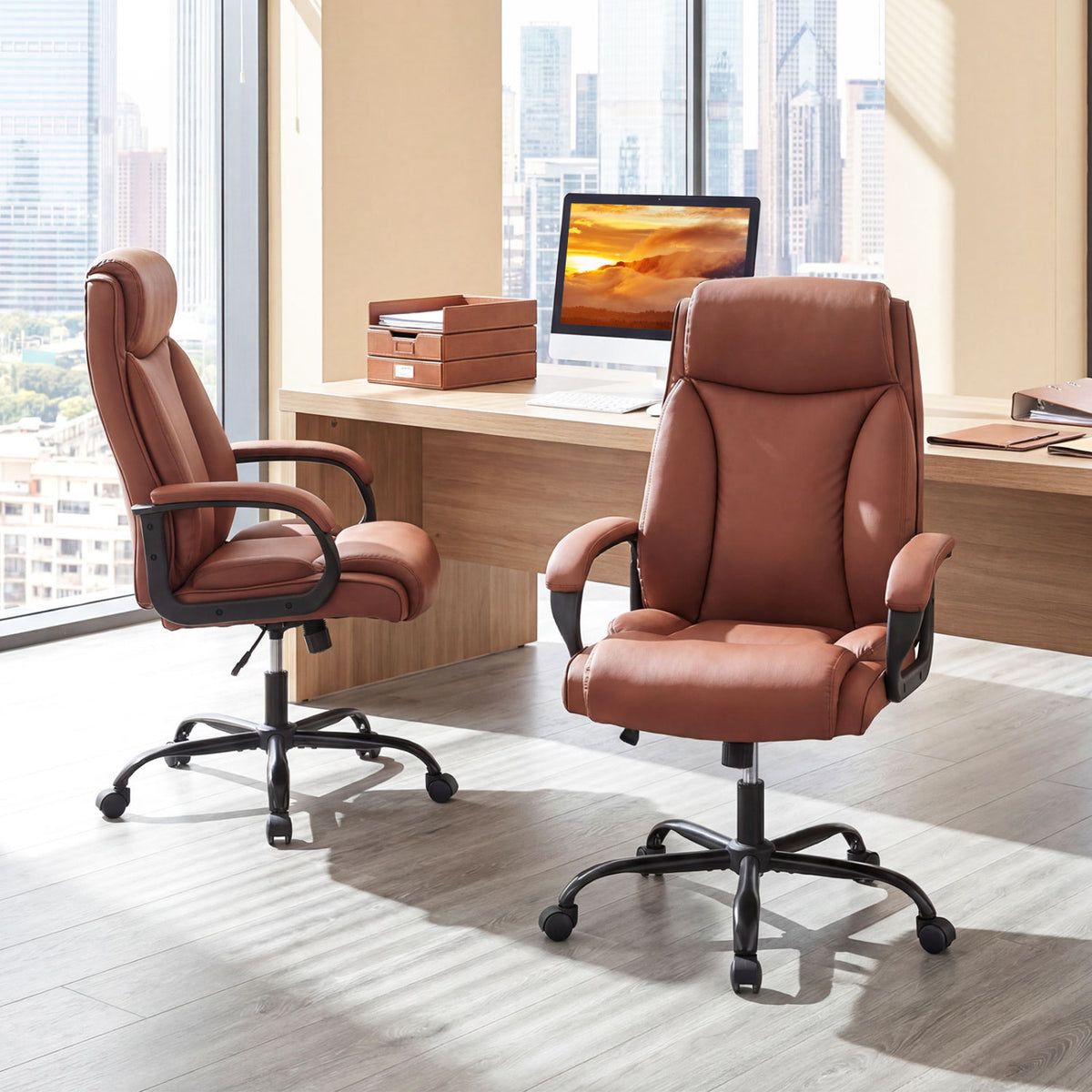 400LBS Big and Tall Chair High Back Executive Chair Ergonomic Leather Computer Chair-Brown