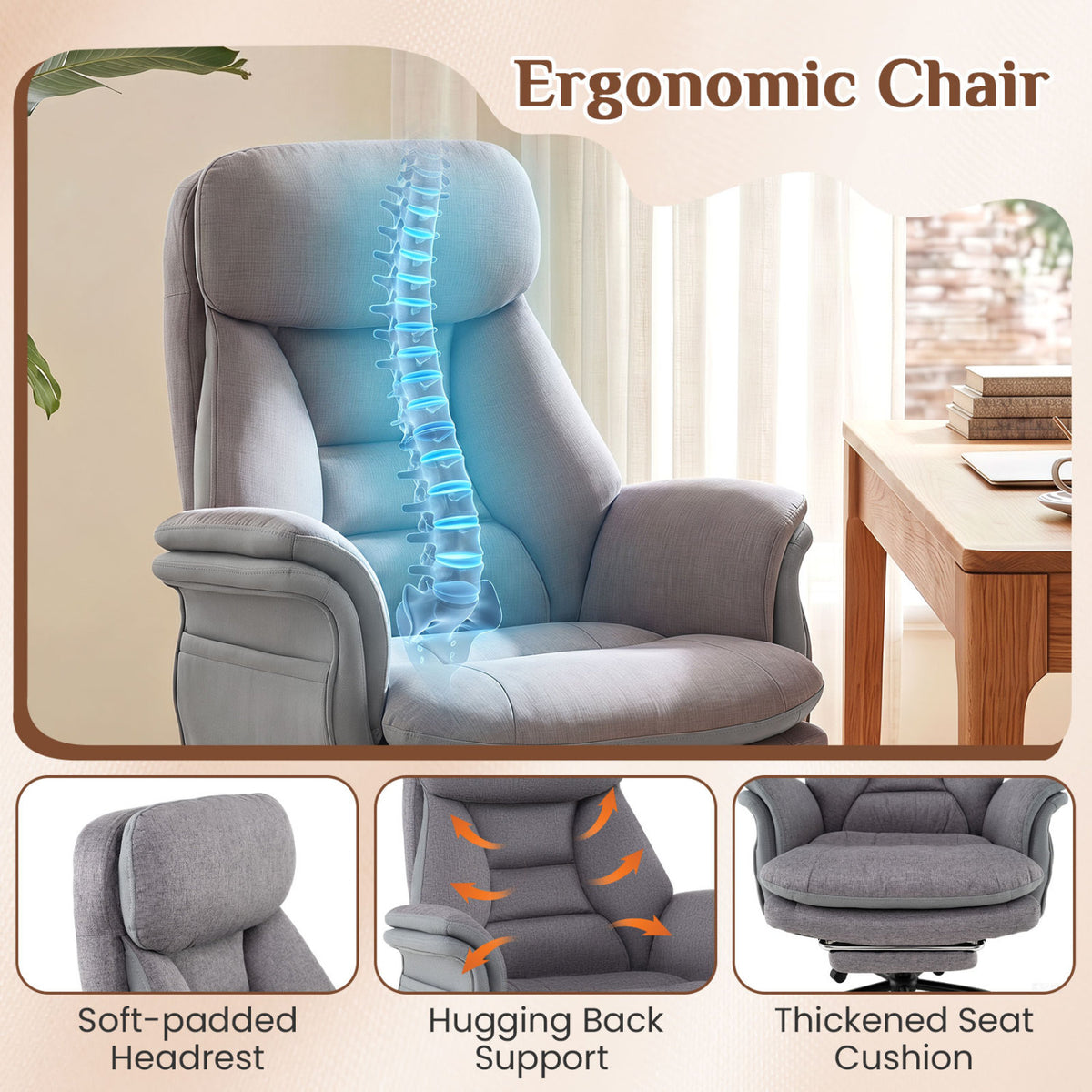 400 LBS Ergonomic Big and Tall Office Chair with Faux Leather-Gray