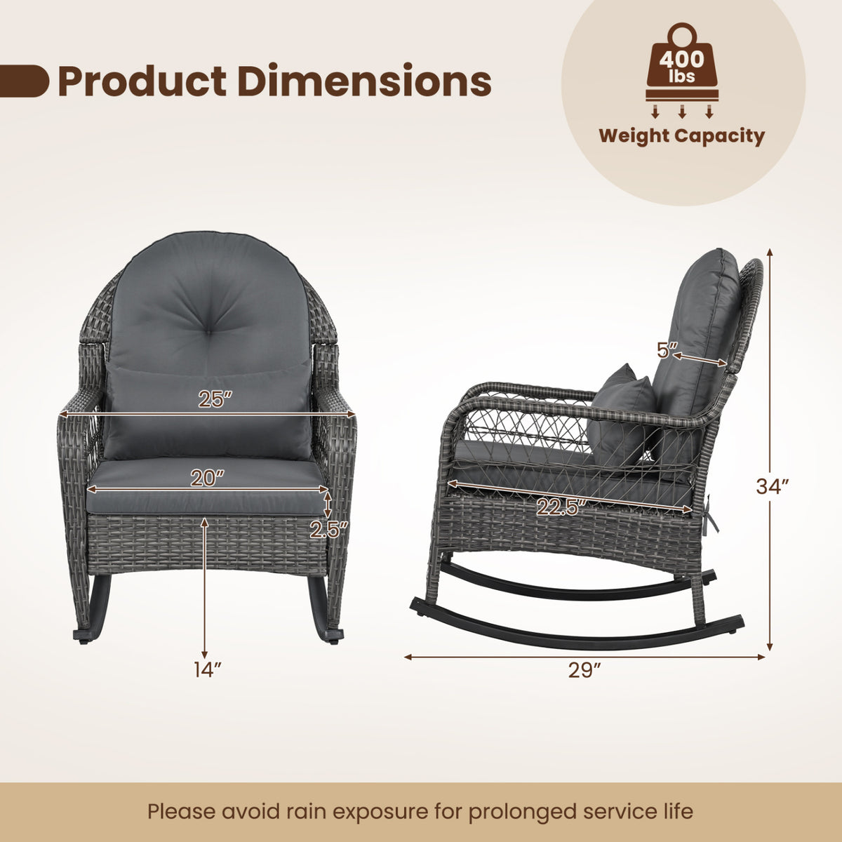 400 LBS Patio Rattan Rocker Chair with Anti-Tip Stoppers and Thick Cushions for Porch-Gray