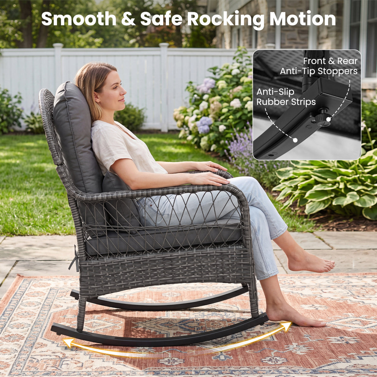 400 LBS Patio Rattan Rocker Chair with Anti-Tip Stoppers and Thick Cushions for Porch-Gray