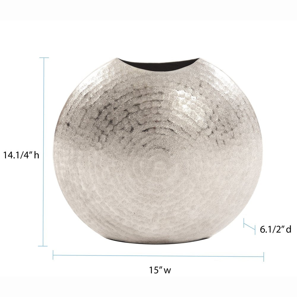14" Silver Hammered Round Aluminum Table Vase