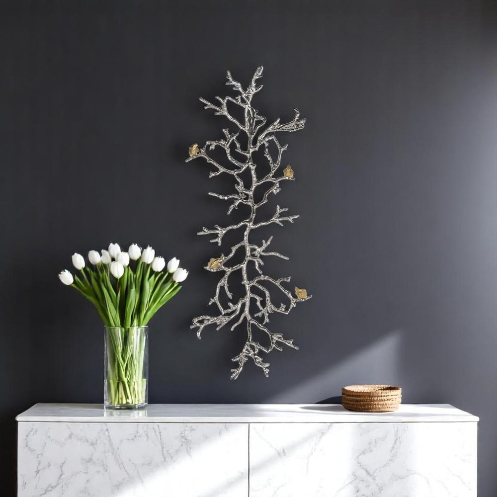 44" Silver And Gold Aluminum Branches And Birds Hanging Dimensional Sculpture