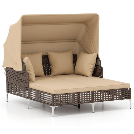 Outdoor Daybed with Retractable Canopy PE Wicker Rattan Patio Lounger-Brown