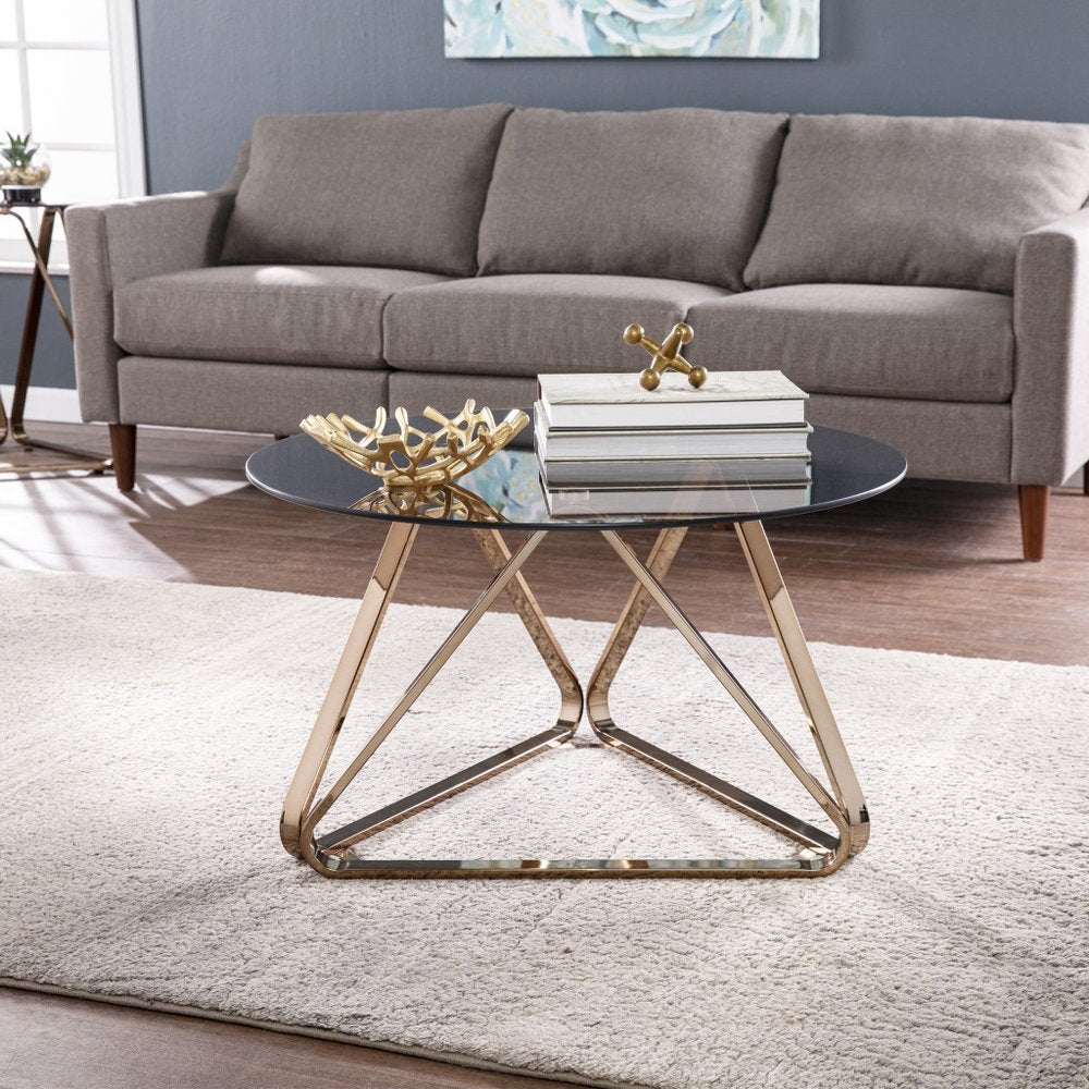 31" Smoky Black and Gold Glass and Metal Round Coffee Table