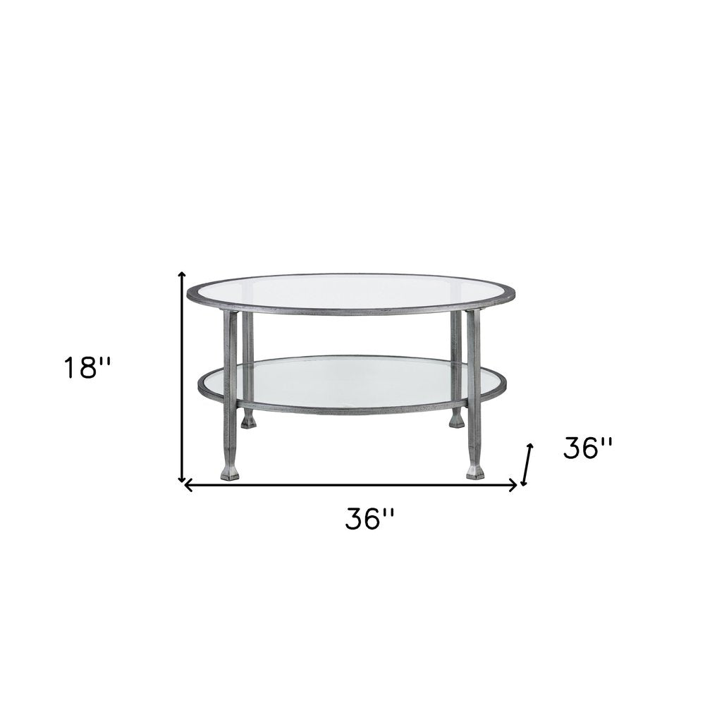 36" Silver Glass And Metal Round Coffee Table
