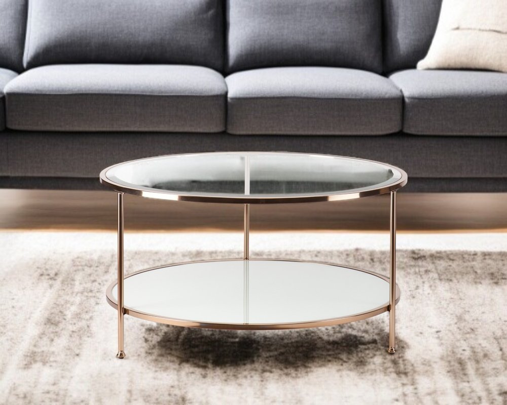 34" Clear and Gold Glass with Iron Round Coffee Table
