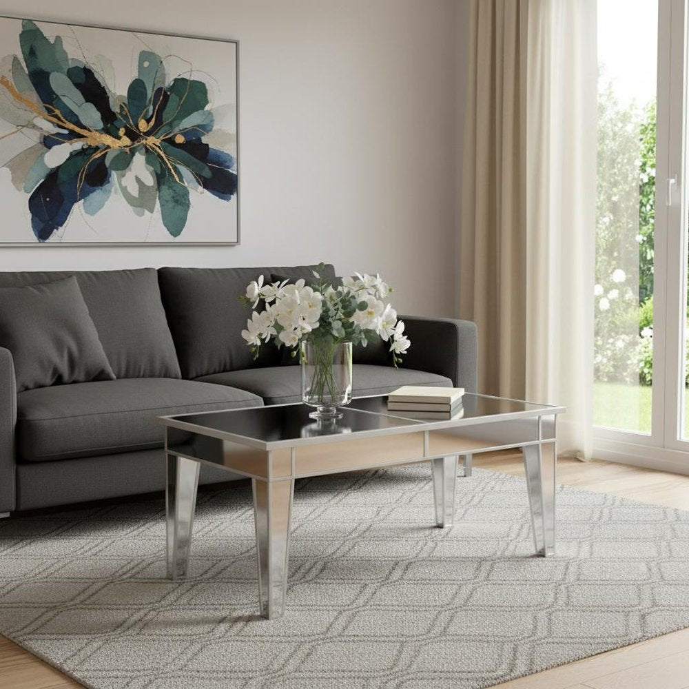 42" Silver Mirrored And Metal Rectangular Mirrored Coffee Table