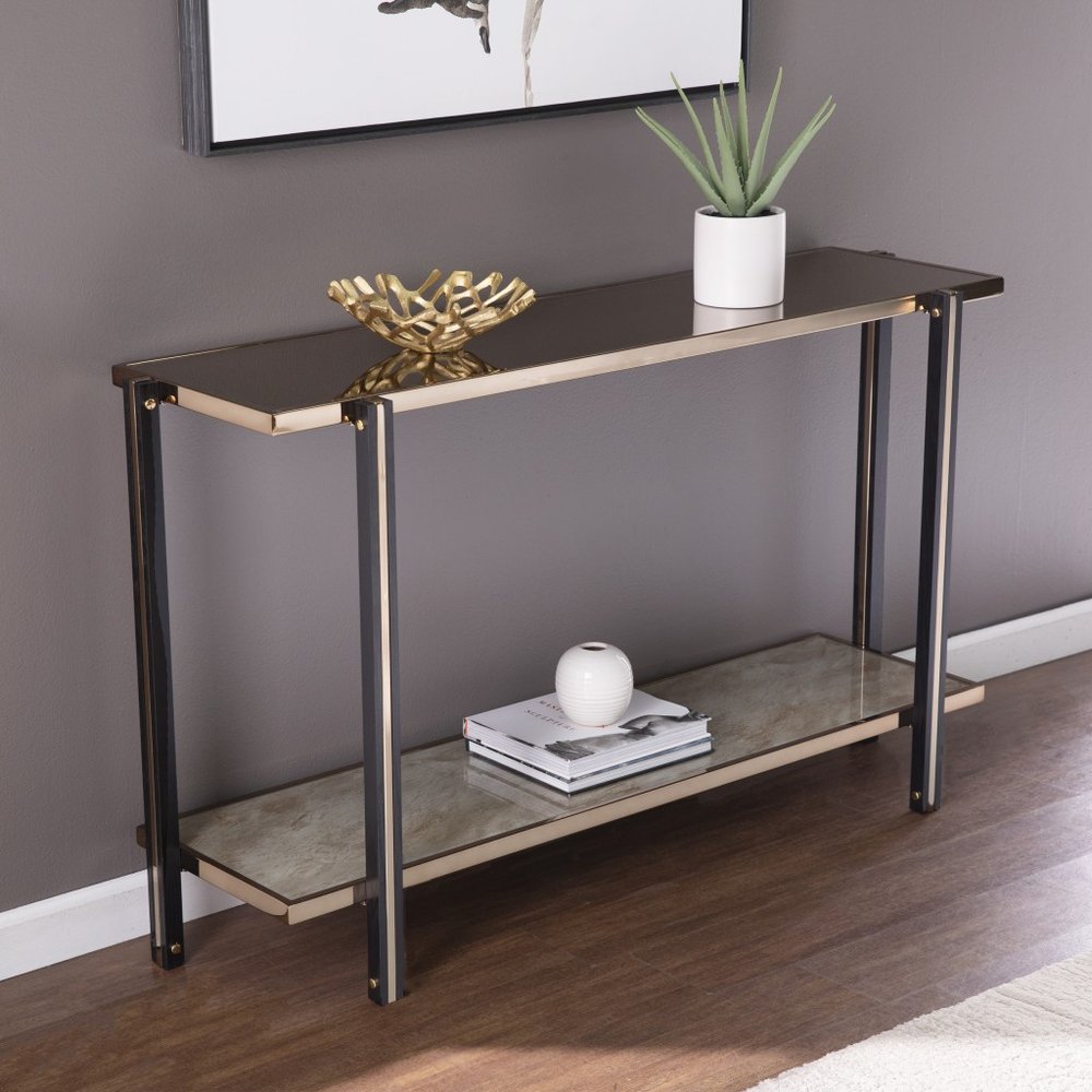 50" Smoky Black and Champagne Mirrored Glass Console Table With Shelf