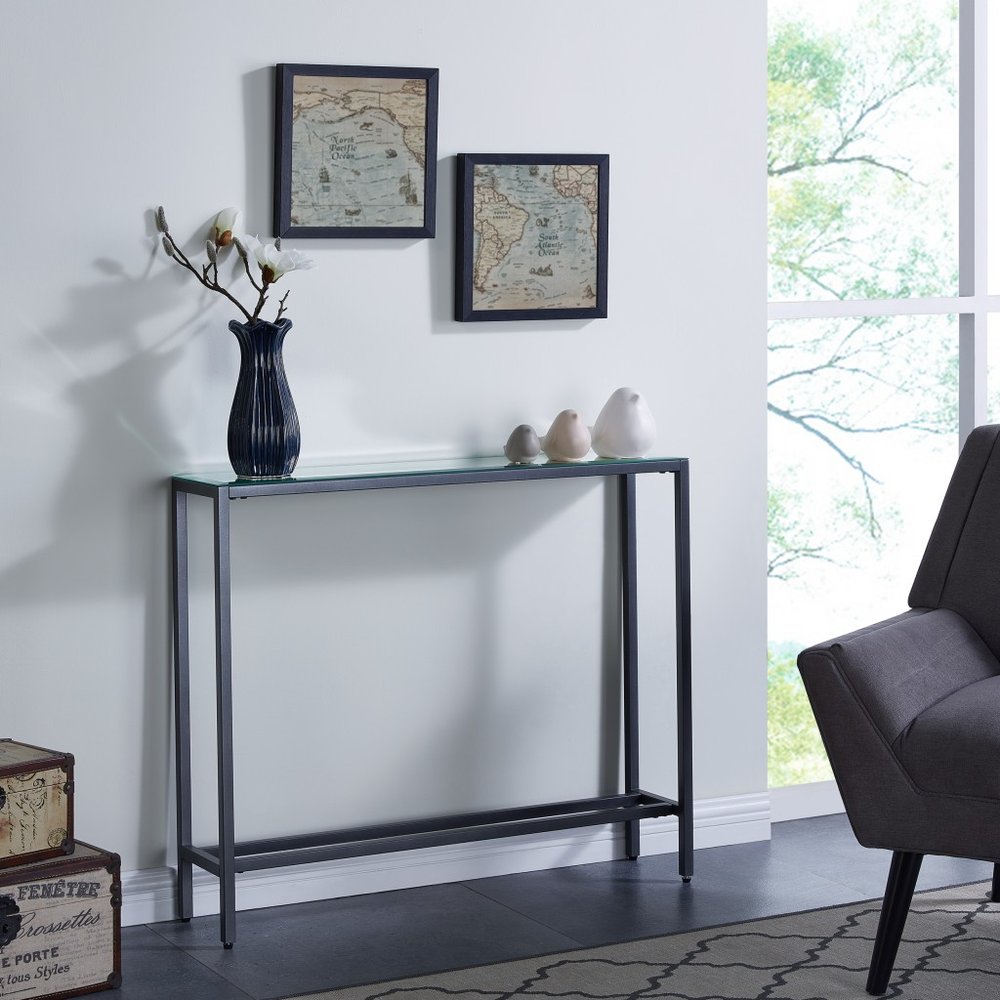 36" Black and Gunmetal Mirrored Glass Console Table