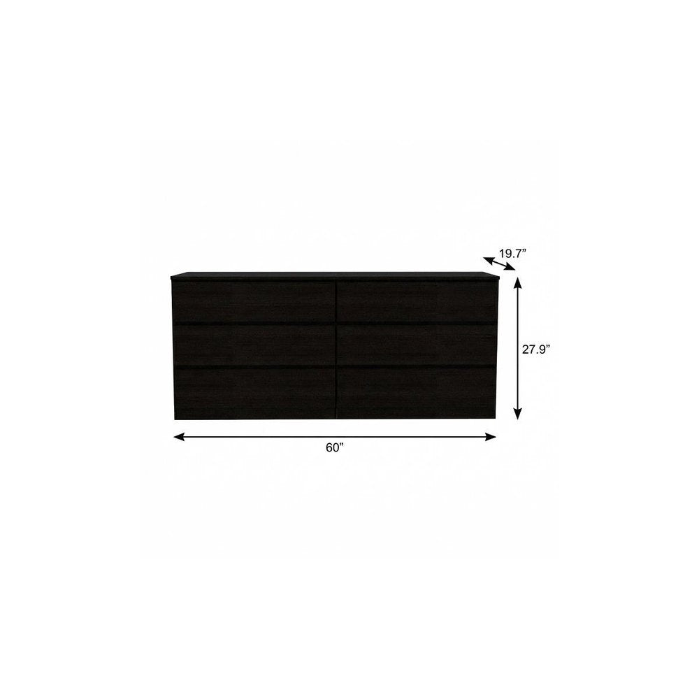 60" Black Wood Six Drawer Double Dresser