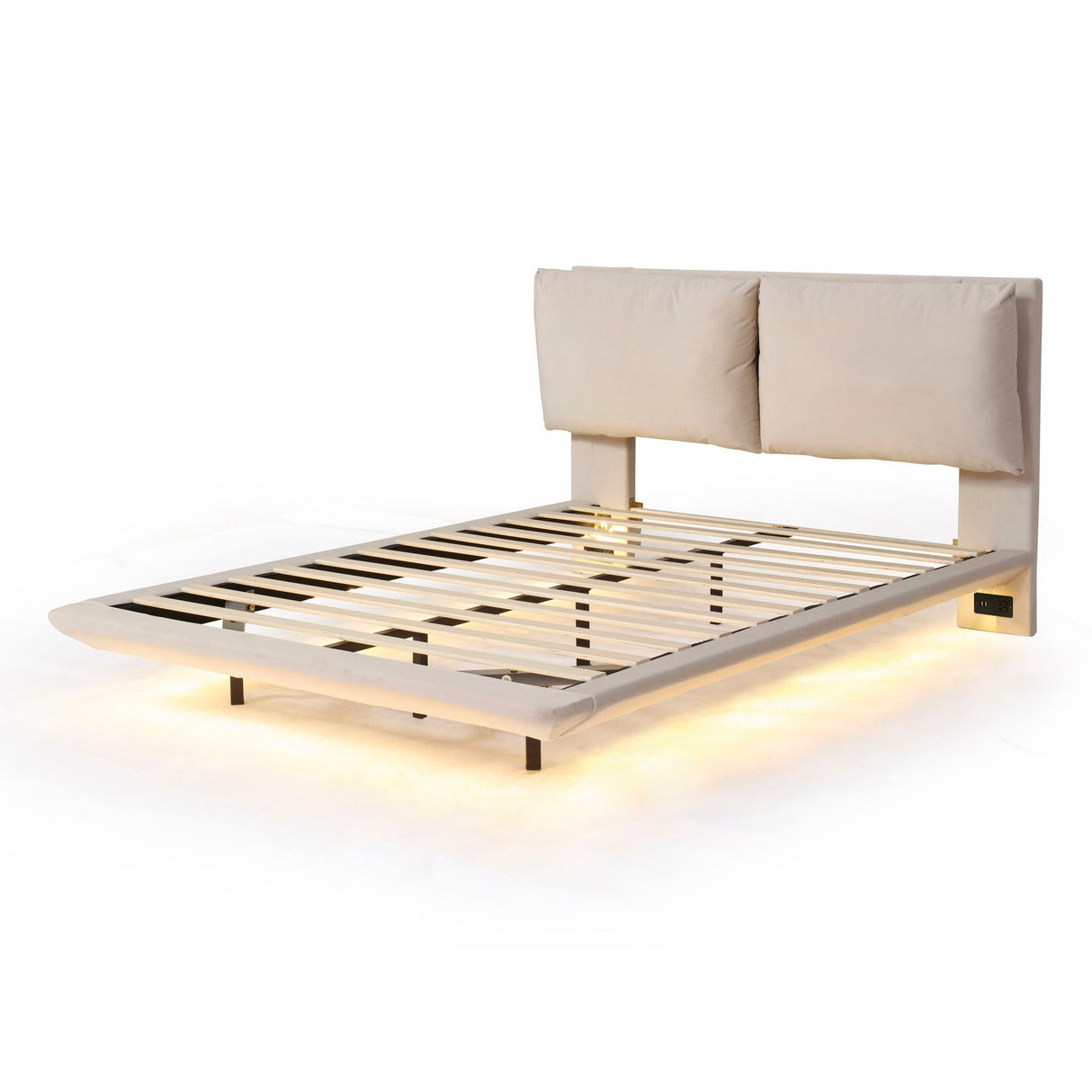 Upholstered Platform Bed With Sensor Light And 2 Large Backrests, With 2 Sets Of USB Port And Socket On Each Rear Bed Leg by Couch.com