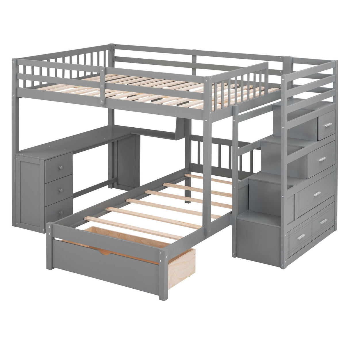 The "Bunk Bed With Desk, Drawers And Shelves" is a gray wooden set with a lower single bed and an upper loft bed including guardrails. It features a stairway with drawers and an L-shaped desk beneath, but mattresses are not included.