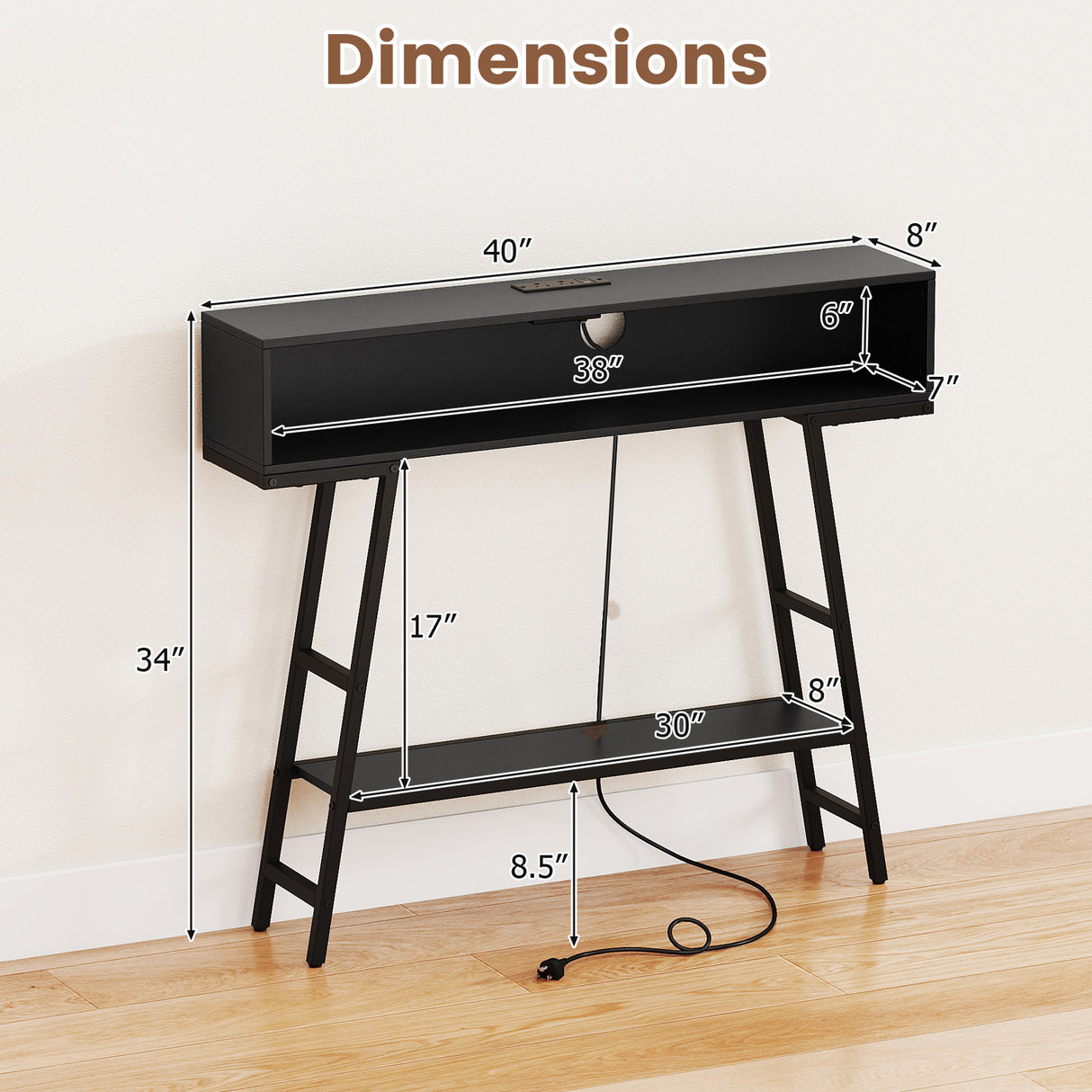 40" Console Table with Charging Station and LED Lights-Black