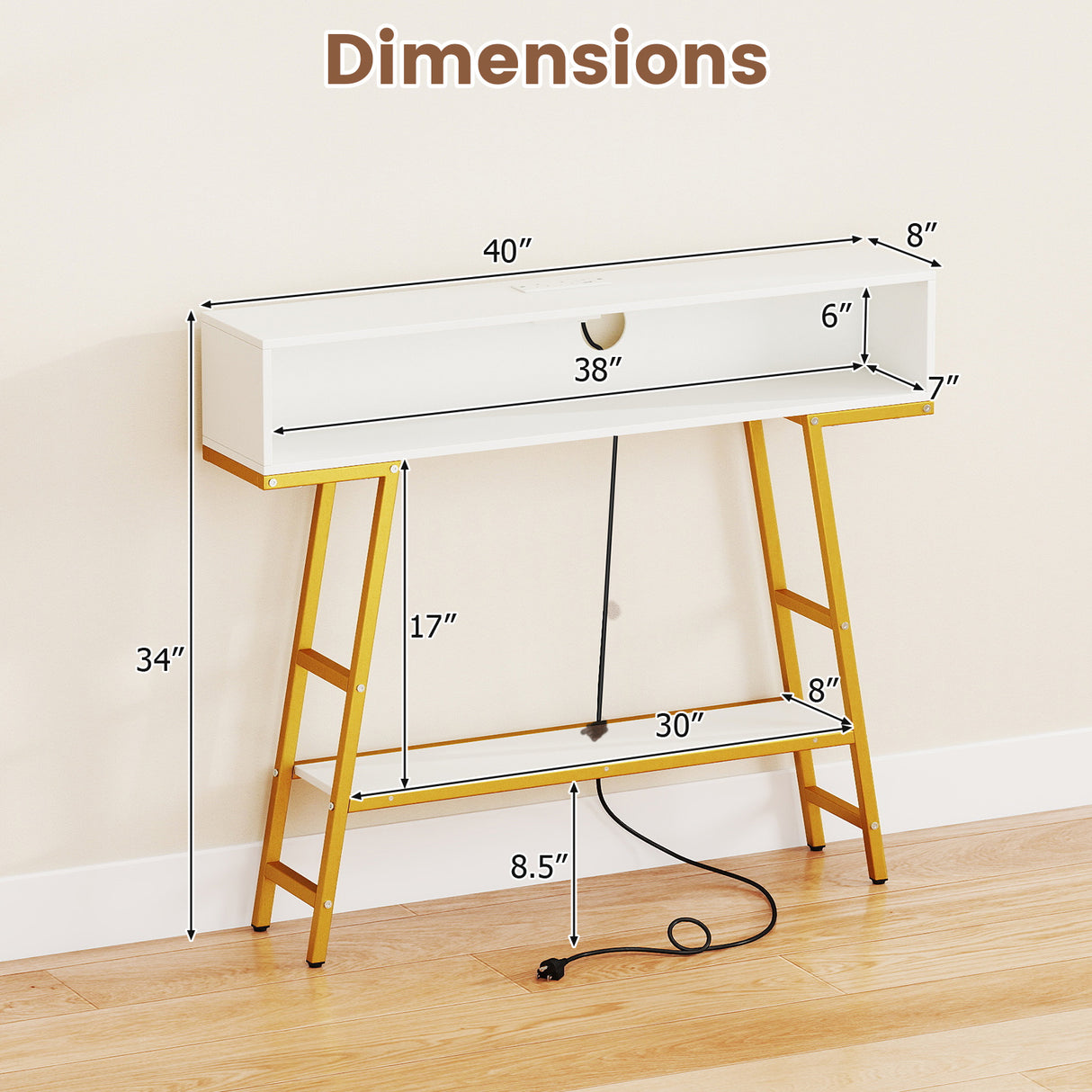 40" Console Table with Charging Station and LED Lights-White