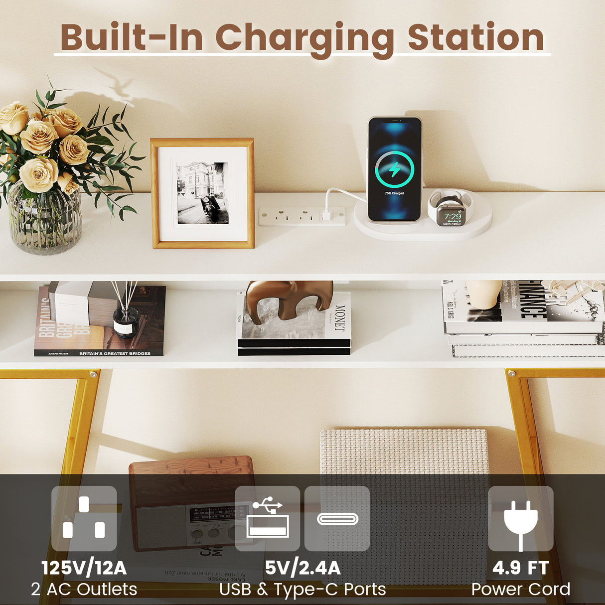 40" Console Table with Charging Station and LED Lights-White