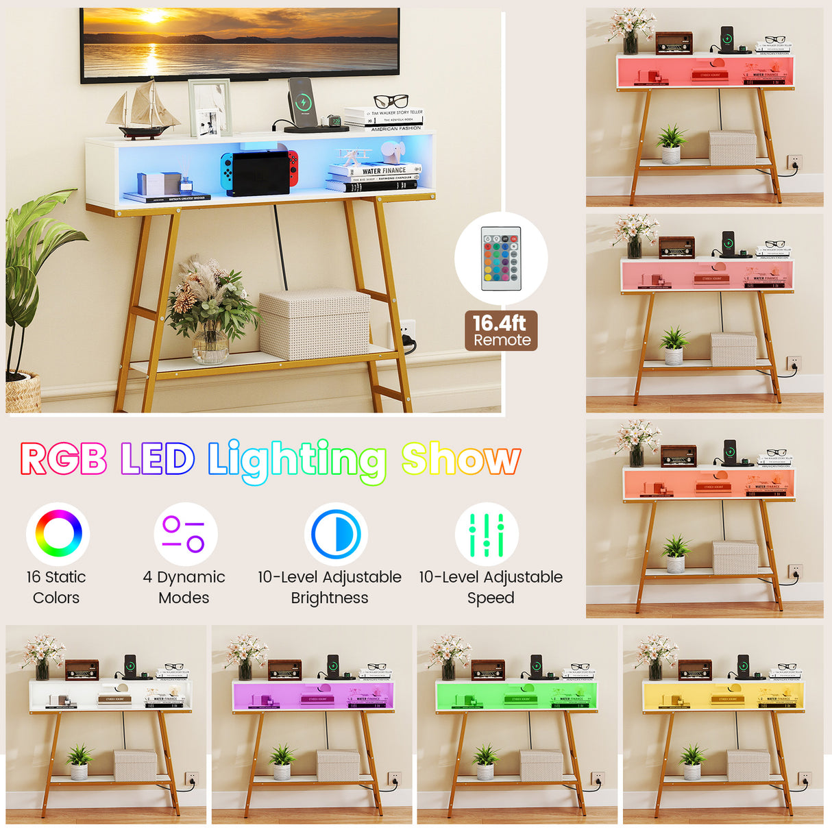 40" Console Table with Charging Station and LED Lights-White