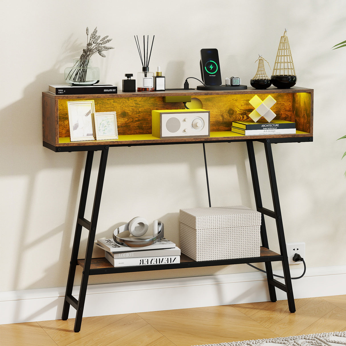 40" Console Table with Charging Station and LED Lights-Rustic Brown