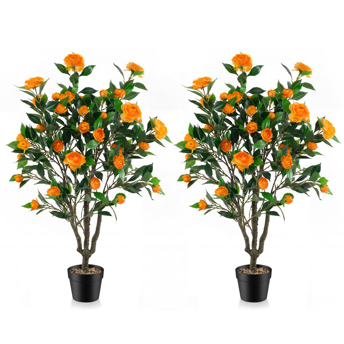 40 Inch Artificial Camellia Tree with 37 Flowers and River Stones in Pot-2 Pack