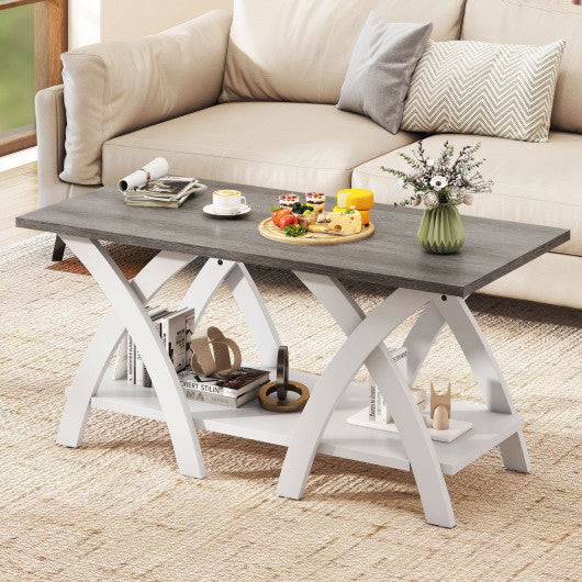 40 Inch Farmhouse Wooden Coffee Table with Storage Shelf with X-shaped Legs-Gray