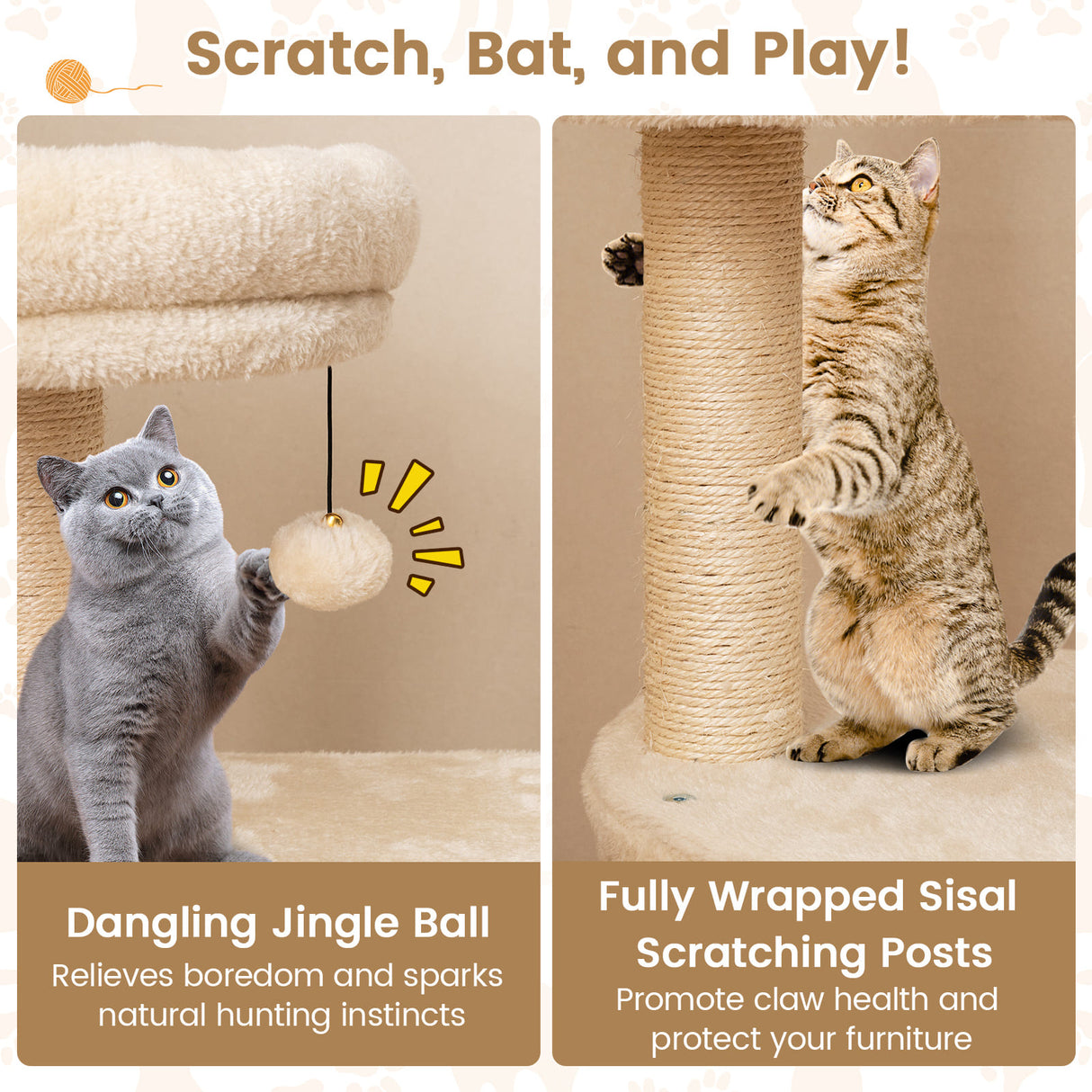 40 Inch Multi-level Cat Tower with Condo and Dangling Jingle Ball-Beige
